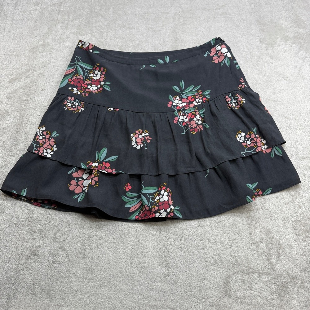 LOFT Mini Skirt Womens 14 Black Floral Tiered Ruffle Side Zip Preppy Boho Girly